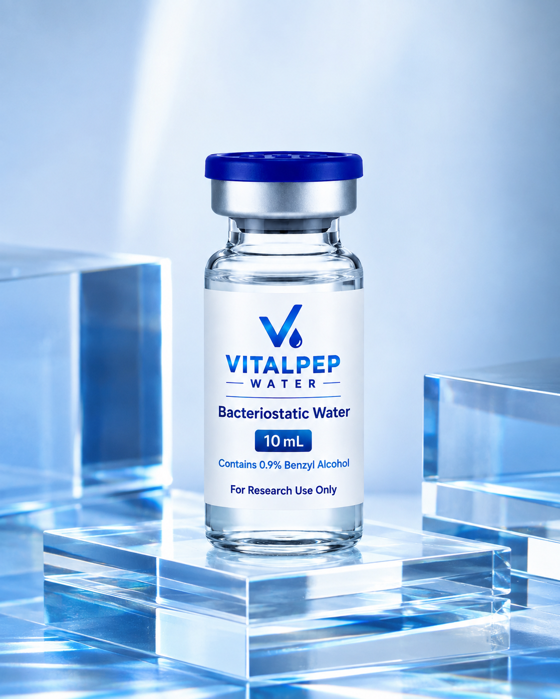 VitalPep Water vial on clear optical glass with blue light reflections