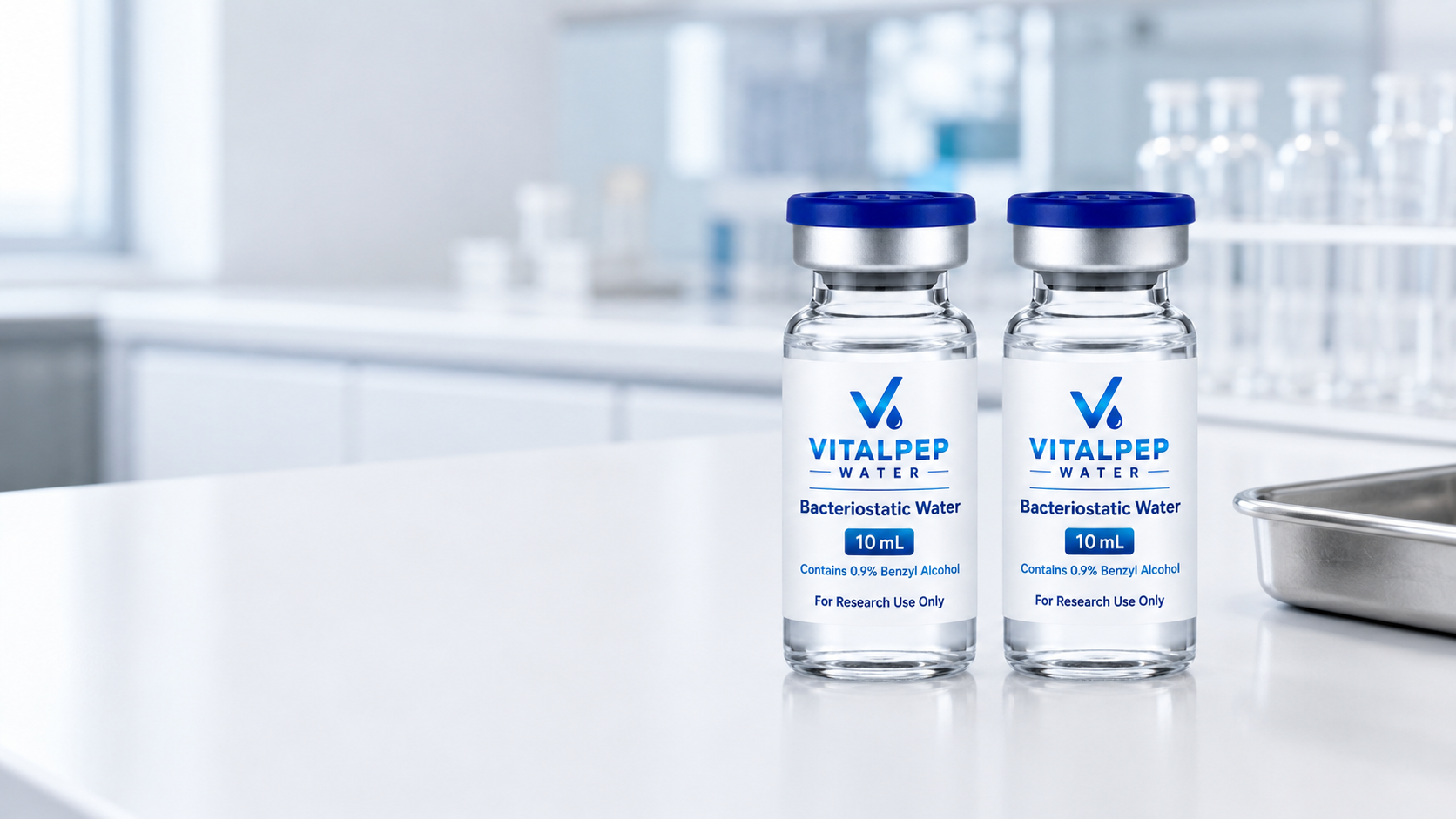 Two sealed VitalPep Water vials on a clean laboratory workbench